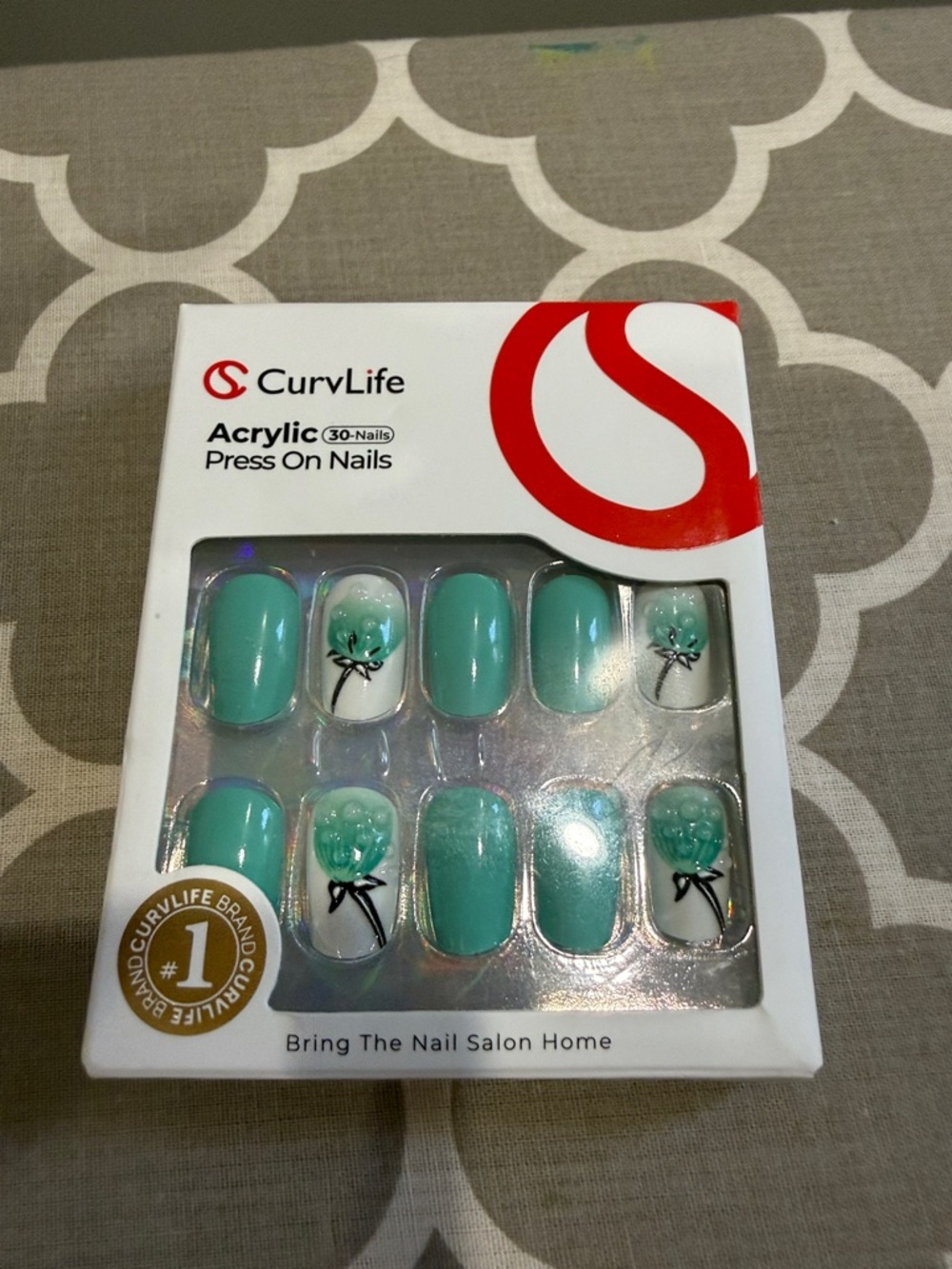 CurvLife Teal Acrylic Press-On Nails with Floral Accent
